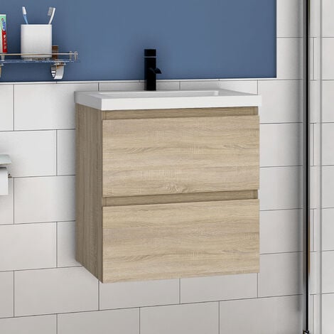 Waschtisch mit Unterschrank Badmöbel Waschbecken Badezimmer 50cm Eiche mit Waschbecken