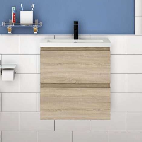 Waschtisch mit Unterschrank Badmöbel Waschbecken Badezimmer 50cm Eiche mit Waschbecken