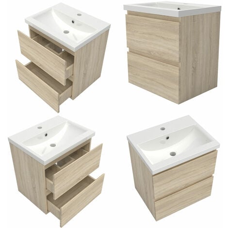 Waschtisch mit Unterschrank Badmöbel Waschbecken Badezimmer 50cm Eiche mit Waschbecken