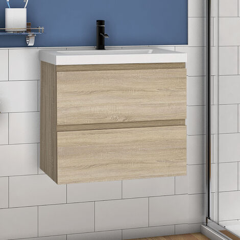 Waschtisch mit Unterschrank Badmöbel Waschbecken Badezimmer 60cm Eiche mit Waschbecken