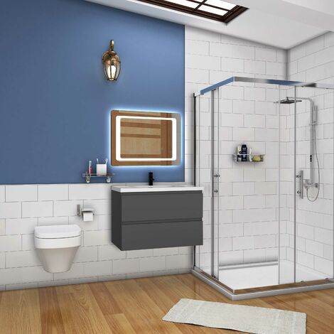 Waschtisch mit Unterschrank Badmöbel Waschbecken Badezimmer 80cm Anthrazit mit Waschbecken