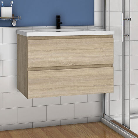 Waschtisch mit Unterschrank Badmöbel Waschbecken Badezimmer 80cm Eiche mit Waschbecken