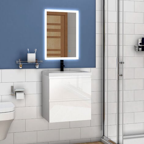 Badmöbel Waschtisch mit Unterschrank Waschbecken Badezimmer 50cm Hochglanz Weiß mit Waschbecken