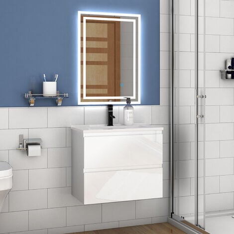 Badmöbel Waschtisch mit Unterschrank Waschbecken Badezimmer 60cm Hochglanz Weiß mit Waschbecken