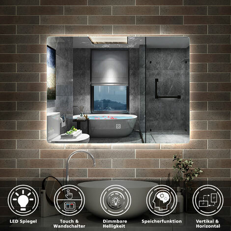 Badspiegel mit Beleuchtung LED Badezimmerspiegel Wandspiegel Kaltwei Dimmbar, LED Memory Funktion 70 x 50 cm