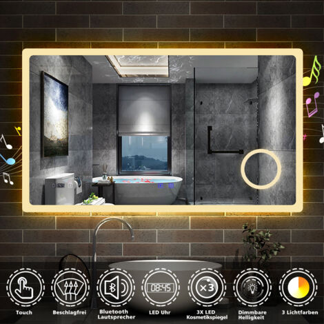 LED Badspiegel Wandspiegel Badezimmerspiegel Touch Dimmbar Farben Beschlagfrei+Uhr+Bluetooth+Kosmetikspiegel+3