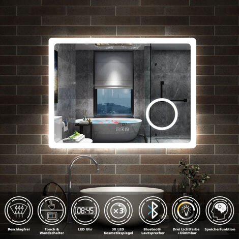 LED Badspiegel Wandspiegel Badezimmerspiegel Touch Beschlagfrei+Uhr+Bluetooth+Kosmetikspiegel+3 Farben Dimmbar+LED Memory Funktion 80 x 60 cm