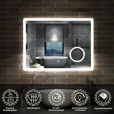Badspiegel mit Beleuchtung Badezimmerspiegel Wandspiegel Anti-Beschlag Wasserdicht Wandmontagespiegel Lichtspiegel 80 x 60 cm Beschlagfrei+Kosmetikspiegel+3 Farben Dimmbar+LED Memory Funktion