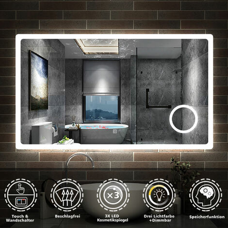 Badspiegel LED Badezimmerspiegel Wandspiegel Touch Beleuchtung Beschlagfrei+Kosmetikspiegel+3 Farben Dimmbar+LED Memory Funktion 160 x 80 cm