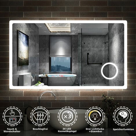 Badspiegel LED Badezimmerspiegel Wandspiegel Touch Beleuchtung  Beschlagfrei+Kosmetikspiegel+3 Farben Dimmbar+LED Memory