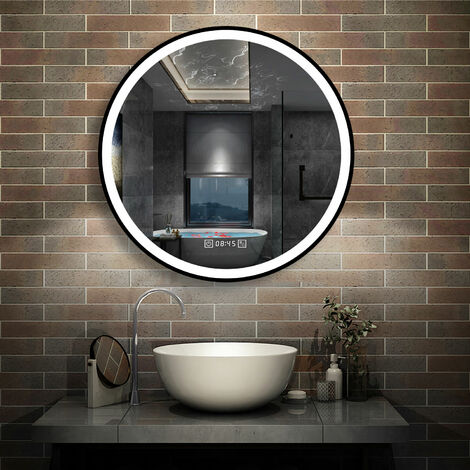 Rund Wandspiegel Badspiegel mit beleuchtung Touch-Schalter+Uhr+Beschlagfrei+3 Lichtfarben Dimmbar+LED Memory Funktion Energiesparend Lichtspiegel 70cm