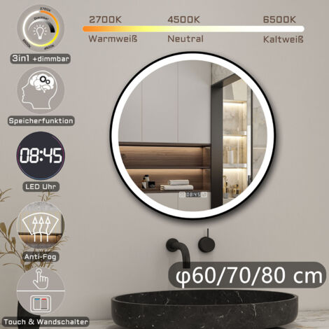 Rund Wandspiegel Badspiegel mit beleuchtung Touch-Schalter+Uhr+Beschlagfrei+3 Lichtfarben Dimmbar+LED Memory Funktion Energiesparend Lichtspiegel 80cm (1/5)