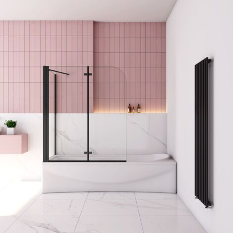 Schwarz Badewanneaufsatz 110cm Faltwand mit 80cm Seitewand 6mm ESG Nanoglas für Badewanne Duschabtrennung Duschwand