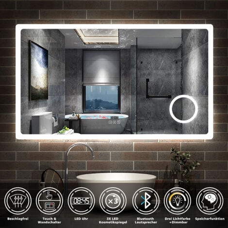 LED Badspiegel Touch Wandspiegel Badezimmerspiegel Beschlagfrei+Uhr+Bluetooth+Kosmetikspiegel+3 Farben Dimmbar+LED Memory Funktion 140 x 80 cm