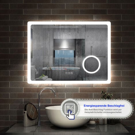 Badezimmerspiegel LED Badspiegel Wandspiegel Touch Beschlagfrei+Bluetooth+Uhr+Kosmetikspiegel+3 Farben Dimmbar+LED Memory Funktion 70 x 50 cm