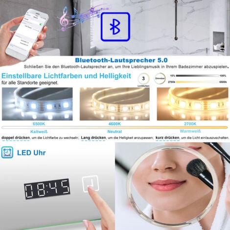 Badezimmerspiegel LED Badspiegel Wandspiegel Touch Beschlagfrei+Bluetooth+Uhr+Kosmetikspiegel+3 Farben Dimmbar+LED Memory Funktion 70 x 50 cm