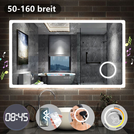 Badezimmerspiegel LED Badspiegel Wandspiegel Touch Beschlagfrei+Bluetooth+Uhr+Kosmetikspiegel+3 Farben Dimmbar+LED Memory Funktion 160 x 80 cm