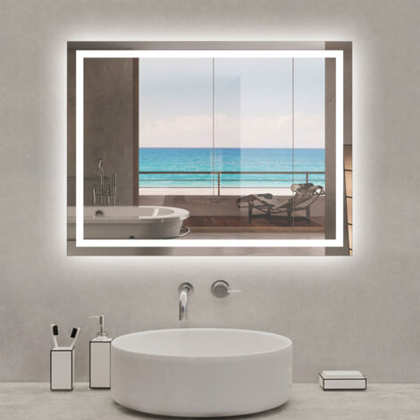 90x70cm Badspiegel LED Wandspiegel Badezimmerspiegel Tastenschalter nur Kaltweiß Einstellbare Helligkeit Antibeschlag