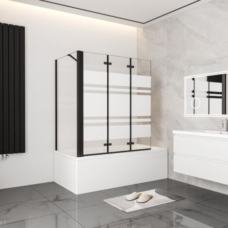 AICA 130cm Schwarz Faltwand 3 teilig Badewanneaufsatz mit 80cm Seitewand 6mm Nano ESG