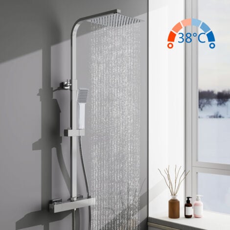 AICA Duschsystem mit Thermostat, Chrom Duschset Regendusche inkl. Kopfbrause, Handbrause und Verstellbarer Duschstange Duscharmatur Anti-Verbrühungs-Duschsystem