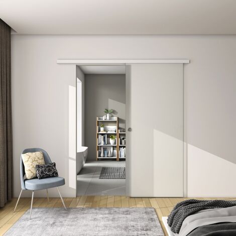 AICA 100 x 225cm Innentüren Glasschiebetüre Mattglas Set vor der Wand laufend Schiebetür Zimmertür mit Griffmuschel