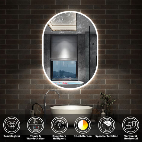 LED oval Badspiegel mit Beleuchtung Wandspiegel Badezimmerspiegel Beschlagfrei Dreifarbig dimmbar, LED Memory-Funktion 45x75cm