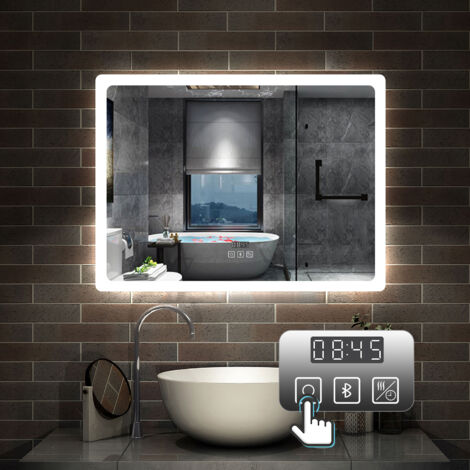LED Spiegel Wandspiegel Badspiegel mit Touchschalter+Beschlagfrei+Helligkeit Memory Funktion++3 Lichtfarben Dimmbar+Uhr+Bluetooth 80 x 60 cm