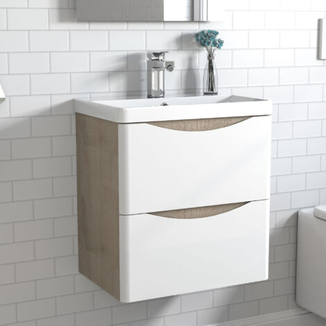 Waschtisch mit Unterschrank Waschbeckenunterschrank Badmbel 50cm Wei + Eiche mit Waschbecken