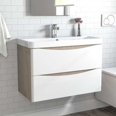 Waschtisch mit Unterschrank Waschbeckenunterschrank Badmbel 80cm Wei + Eiche mit Waschbecken