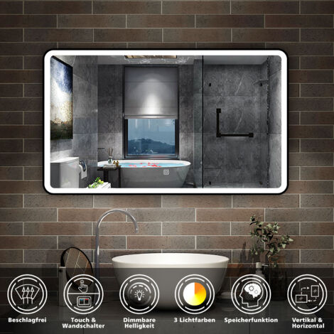 Touch Badspiegel LED Wandspiegel Badezimmerspiegel Beleuchtung Beschlagfrei Kalt/Warmwei dimmbar 90 x 70cm