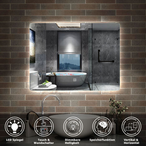 Badspiegel mit Beleuchtung LED Badezimmerspiegel Wandspiegel Kaltwei Dimmbar, LED Memory Funktion 80 x 60 cm