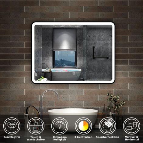 Touch Badspiegel LED Wandspiegel Badezimmerspiegel Beleuchtung Beschlagfrei Kalt/Warmwei dimmbar 80 x 60cm