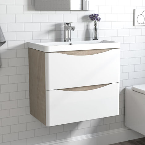 Waschtisch mit Unterschrank Waschbeckenunterschrank Badmbel 60cm Wei + Eiche mit Waschbecken