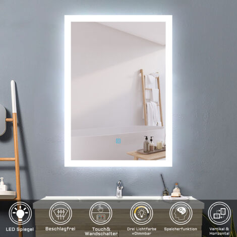 50 x 70 cm LED Spiegel+Beschlagfrei+3 Lichtfarben Dimmbar+Farbtemperatur und Helligkeit Memory Funktion