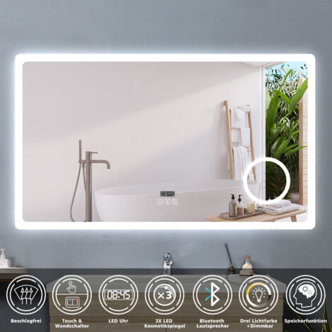 Badspiegel mit Beleuchtung Badezimmerspiegel Wandspiegel Anti-Beschlag Wasserdicht Wandmontagespiegel Lichtspiegel 120 x 70 cm Beschlagfrei+Uhr+Bluetooth+Kosmetikspiegel+3 Farben Dimmbar+LED Memory Fu (1/5)