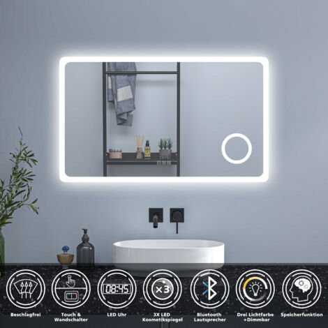 Acezanble – Badezimmerspiegel 160 x 80 cm – LED mit Touch-Schalter – Dimmbar in 3 Lichtfarben – Beschlagfrei mit Memory-Funktion – Bluetooth-Uhr (1/5)