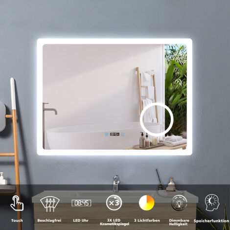 Badspiegel mit 3-fache Vergrößerung, LED Badspiegel mit Beleuchtung, 3 Lichtfarben Dimmbar, Touch, Uhr, LED Memory Funktion 100 x 60 cm