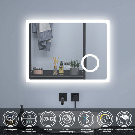 80 x 60 cm Badezimmerspiegel LED Badspiegel Wandspiegel Touch Beschlagfrei+Uhr+Bluetooth+Kosmetikspiegel+3 Farben Dimmbar+LED Memory Funktion (1/5)