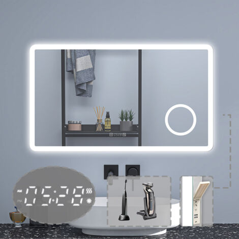 Badezimmerspiegel Wandspiegel LED Badspiegel mit steckdose Uhr 3 farben Dimmbar Memory Funktion 100x60cm (1/5)