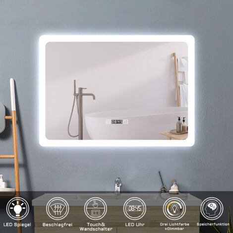 Badspiegel mit Beleuchtung Badezimmerspiegel Wandspiegel Anti-Beschlag Wasserdicht Wandmontagespiegel Lichtspiegel 80 x 60 cm Beschlagfrei+Uhr+3 Lichtfarben Dimmbar+Memory Funktion