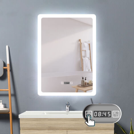 Badspiegel mit Beleuchtung Badezimmerspiegel Wandspiegel Anti-Beschlag Wasserdicht Wandmontagespiegel Lichtspiegel 50 x 70 cm Beschlagfrei+Uhr+3 Lichtfarben Dimmbar+Memory Funktion (1/5)
