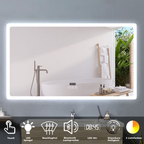 Badspiegel mit Beleuchtung Badezimmerspiegel Wandspiegel Anti-Beschlag Wasserdicht Wandmontagespiegel Lichtspiegel 100 x 60 cm Beschlagfrei+Bluetooth+Uhr+3 Lichtfarben Dimmbar+Memory Funktion