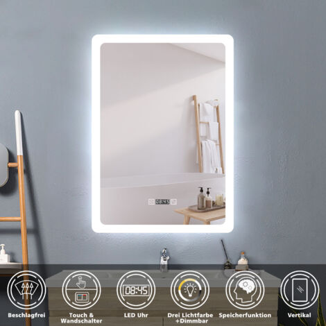Badspiegel mit Beleuchtung Badezimmerspiegel Wandspiegel Anti-Beschlag Wasserdicht Wandmontagespiegel Lichtspiegel 60 x 80 cm Beschlagfrei+Uhr+3 Lichtfarben Dimmbar+Memory Funktion