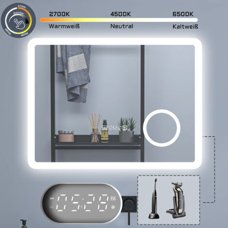 70x50cm Badezimmerspiegel Wandspiegel LED Badspiegel mit steckdose + Uhr + 3 farben Dimmbar + LED Memory Funktion (1/5)