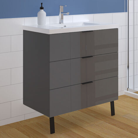 Badmöbel Unterschrank Standschrank Stehend Waschtisch mit Kunststein Waschbecken Hochglanz anthrazit 80cm