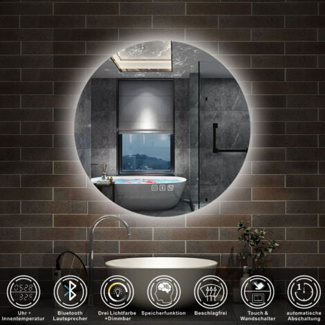LED Badspiegel Badezimmerspiegel Wandspiegel 3 Farben Dimmbar Bluetooth Uhr 80cm