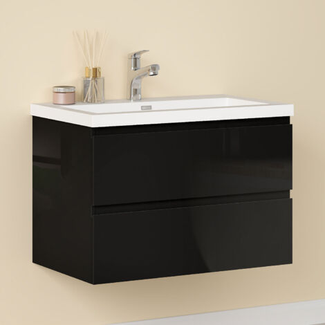 Waschtisch mit Unterschrank Weiß Waschbecken Badmöbel Set UV-geölt 80cm Schwarz Unterschrank
