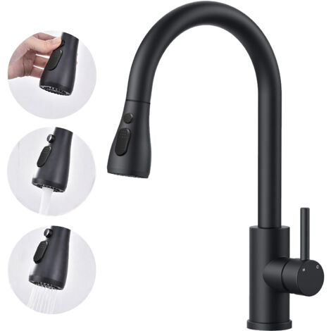 AICA Ausziehbare Küchenarmatur 3 Modi - 360° Drehbare Einhand-Mischbatterie, Spültisch Wasserhahn, Schwarz