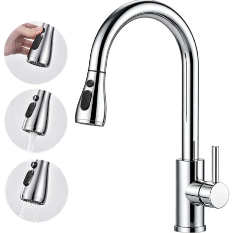 AICA Ausziehbare Küchenarmatur 3 Modi - 360° Drehbare Einhand-Mischbatterie, Spültisch Wasserhahn, Chrom