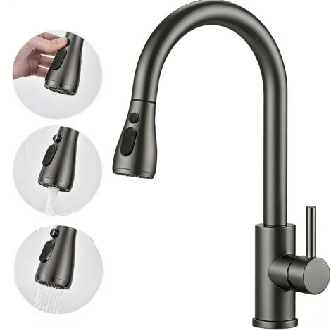 AICA Ausziehbare Küchenarmatur 3 Modi - 360° Drehbare Einhand-Mischbatterie, Spültisch Wasserhahn, Gunmetal Grey